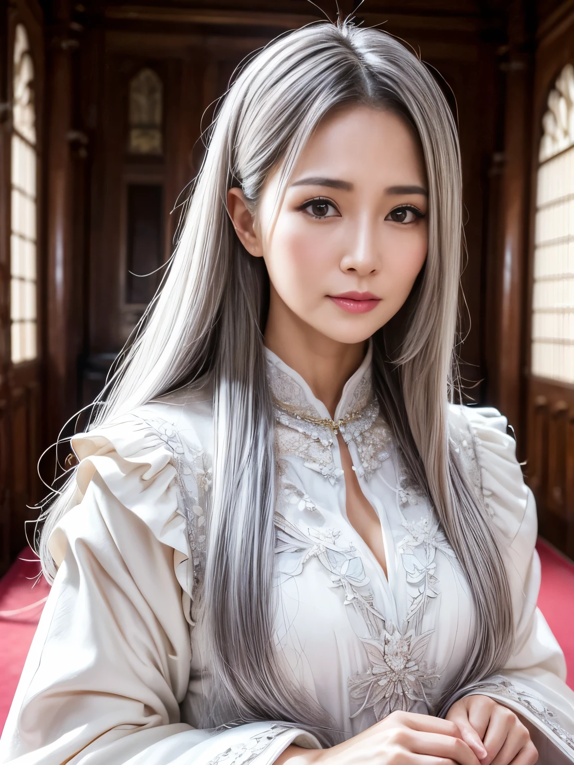 50 year old mature woman、Classy sex appeal、Beautiful woman、sexy、透明Whitening skin、Perfect natural light、8K High Resolution、High resolution、Glowing Beautiful Skin、Transparent beauty、Realistic、Looking at the camera、Whitening skin、masterpiece、Moist eyes、Nasolabial folds、Bright spot、Gravure quality、Floral、Silver Hair、Straight Long Hair、Fantastic other world、Wearing noble robes、royal hall hall、Beautiful gown