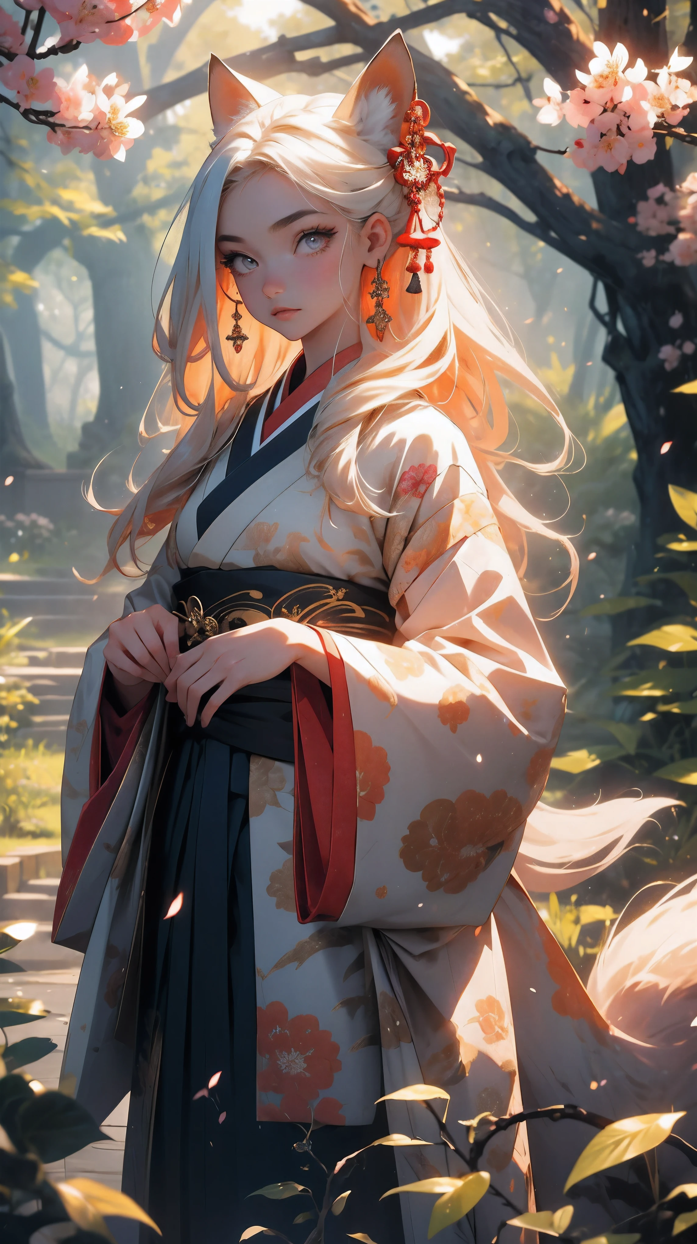 A girl with a beautiful face, expressive eyes, and full lips, representing the mythical creature known as the nine-tailed fox in Japanese culture. Her eyes are detailed and captivating. She has long, flowing hair with vibrant colors, resembling the fur of a fox. The girl is dressed in a traditional kimono, intricately designed with patterns and motifs inspired by nature. The medium used to depict this artwork is a mixture of traditional Japanese ink painting and digital illustration. The combination creates a unique blend of traditional and modern elements, enhancing the mystique and allure of the nine-tailed fox. In the background, there is a serene garden with cherry blossom trees, symbolizing beauty and transience. The garden is filled with vibrant colors, ranging from soft pastels to vivid hues, creating a dreamlike atmosphere. The sunlight filters through the trees, casting a gentle glow upon the girl and her surroundings. The image quality should be of the highest standard, with extreme attention to detail and clarity. It should exhibit photorealistic qualities, almost resembling a photograph. The colors should be vivid and vibrant, evoking a sense of wonder and enchantment. This artwork is characterized by its incorporation of an anime-style, capturing the essence of Japanese culture and aesthetics. The artist aims to convey the grace, elegance, and mysterious allure associated with the nine-tailed fox in Japanese folklore. The overall color tone should be warm and inviting, with a slight emphasis on earthy tones and shades of red and orange, reminiscent of autumn. The lighting should be carefully considered, with soft and diffused light illuminating the main character, creating a sense of depth and dimension. In summary, the Stable Diffusion prompt for this artwork should include the following tags: female character, nine-tailed fox, beautiful detailed eyes, beautiful detailed lips, long flowing hair, vibrant colors, traditional kimono, ink painting,