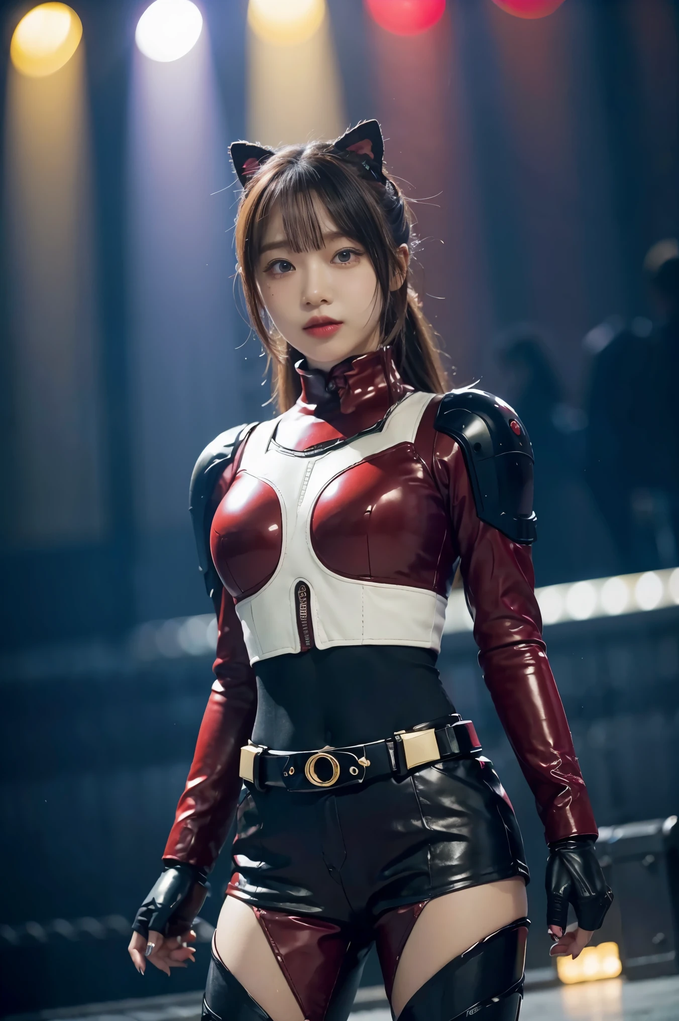 1人の女の子, 一人で, 8K， 上，ヘンテールリアリズム、フロント照明，仮面ライダースカーレット_太陽。メタリックボディ，真紅は銀色の輝きで輝いていました、変形したベルトを着用してください、義にかなった心で燃える, 彼女は悪の手下たちに従う々敗北。戦闘は激化した、最後の敵が出現。必殺技(クリムゾンクラッシュ)、闇を照らす仮面ライダー。