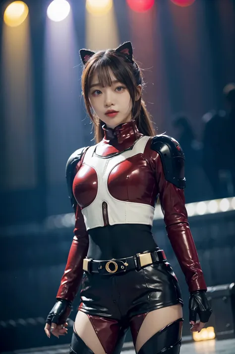 1girl, solo, 8K， Top，hentail realism、Front lighting，Kamen Rider Scarlet_Sun。Metallic body，Crimson shone with a silver glow、Wear ...