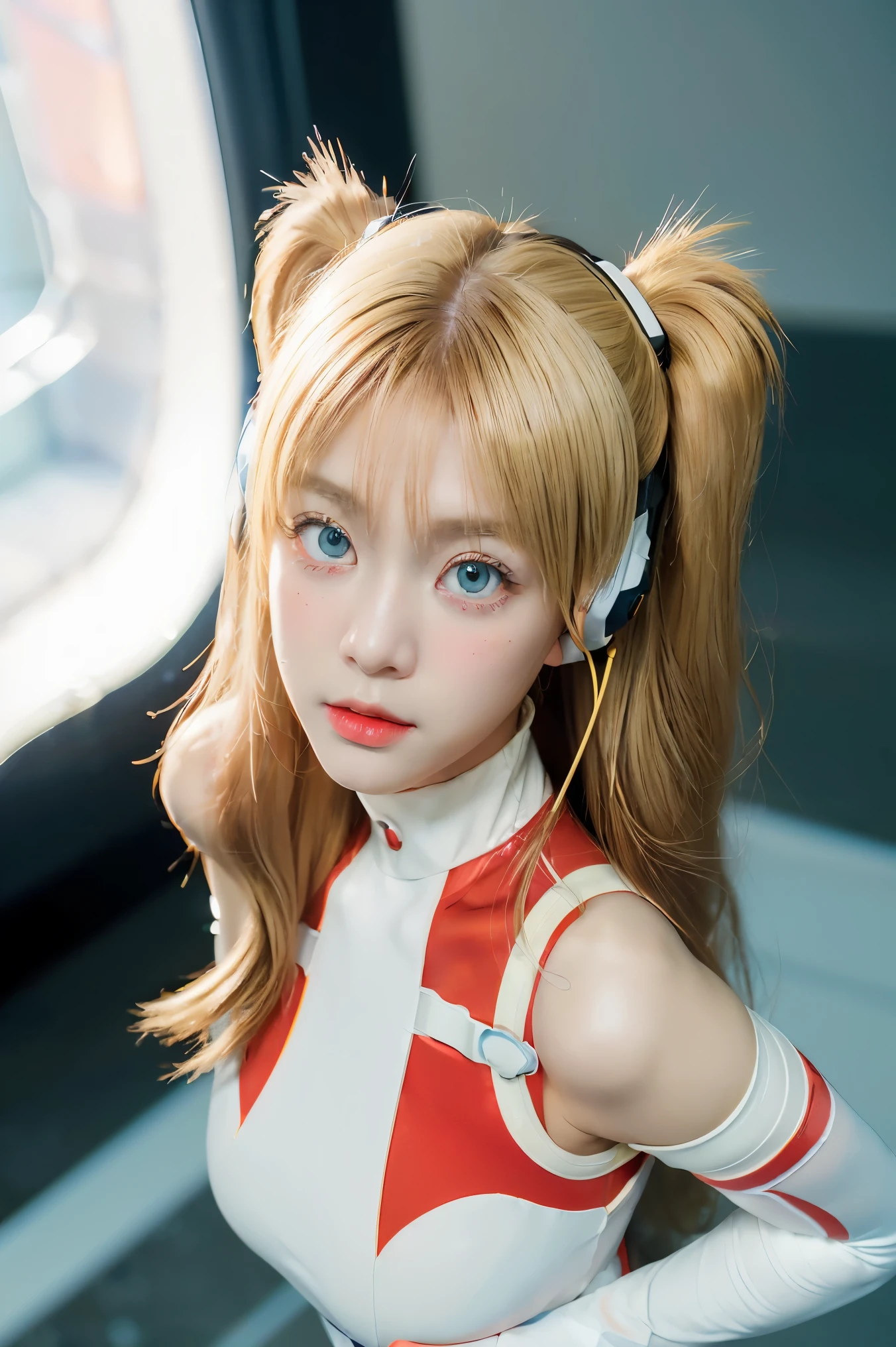 (Overhead view),dynamic angle,ultra-detailed, illustration, close-up, straight on, 1girl, 
 ((souryuu asuka langley, interface headset, red bodysuit:1.4, blonde)),Her eyes shone like dreamy stars,(glowing eyes:1.233),(beautiful and detailed eyes:1.1),(expressionless,closed mouth),(standing), 
(mechanic room with toolsand spaceship windowin a white SPACESHIP),
(night:1.2),dreamy, [[delicate fingers and hands:0.55]::0.85],(detail fingers),