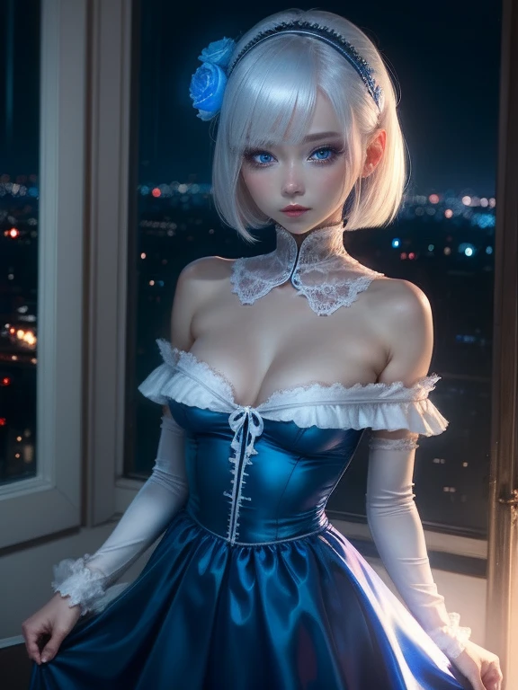 One Woman、Blue Dress、White Hair、blue eyes、Captivating eyes、Night view