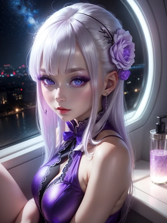 One Woman、Purple Dress、White Hair、blue eyes、Captivating eyes、Night view