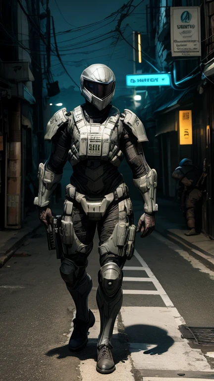man in mad-bodyarmor, holding rifle, helmet, night, cyberpunk road, fullbody view, (masterpiece:1.2), best quality, (hyperdetailed, highest detailed:1.2), high resolution textures