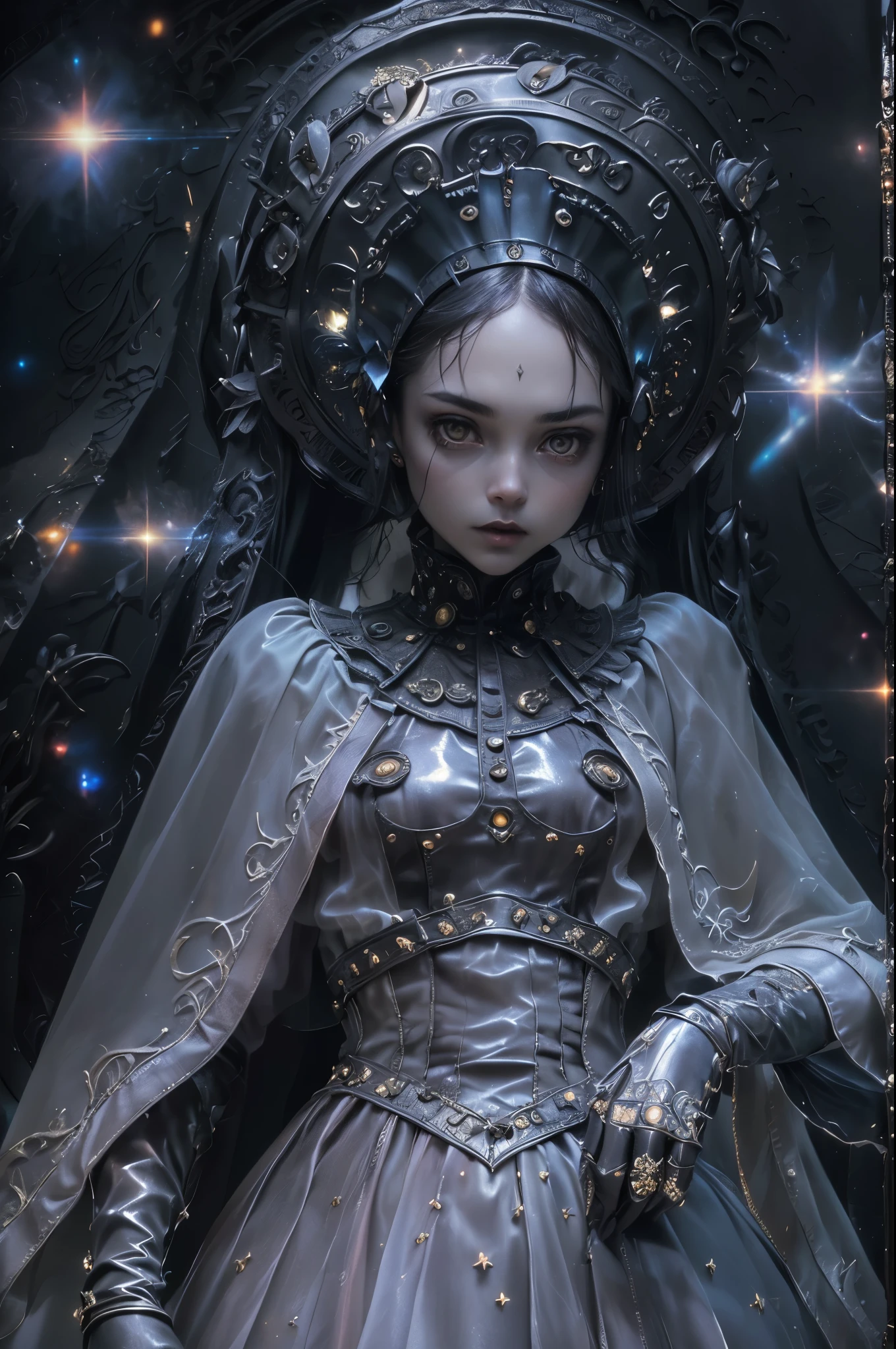 ((space, Distant stars), (Fantastic image, very beautiful - space girl), (1 girl; 1.3), (Face. figure))). ((Graceful forms. Graceful girl). (high quality), (stylization - animation, realism). (Dark cool colors mixed with warm shades). (angel girl), (photorealistic, Cinematic picture), (high detail, complete black hole, 8K. dynamic expressive image)). ((Very detailed eyes and face))), Beautiful detailed eyes. masterpiece, Best quality, full length portrait, amazing beauty, dynamic pose, нежное Face, and bright eyes)). ((She wears transparent, semi-sheer dress, emphasizing a slim figure). (She&#39;s an angel, descended into the underworld. She&#39;s a savior, light in the dark kingdom, radiating a soft glow. High detail, Other worlds, light of distant stars), (detail, high quality), (Muffled light, dark environments - the spooky cinematic setting is great)). ((Girl with white skin, realistic detailed skin, clear focus, volumetric mist near the floor, 8K, UHD, SLR camera, high quality, granularity. photorealism, lomography, fantastic dark art, Utopian reality)). ((готическое Face, gothic horror atmosphere, зловещая gothic aesthetics), (gothic art style, creepy gothic portrait, dark fantasy, mixed with realism, gothic aesthetics)).((Realistic black leather)).