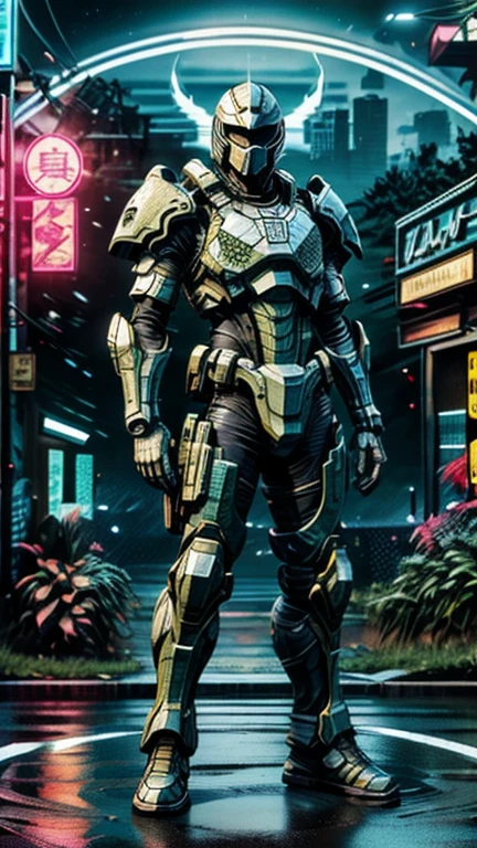 man in mad-bodyarmor, holding rifle, helmet, night, cyberpunk road, fullbody view, (masterpiece:1.2), best quality, (hyperdetailed, highest detailed:1.2), high resolution textures