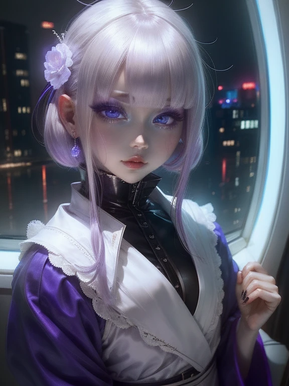 One Woman、Purple clothes、White Hair、((blue eyes))、Captivating eyes、Night view