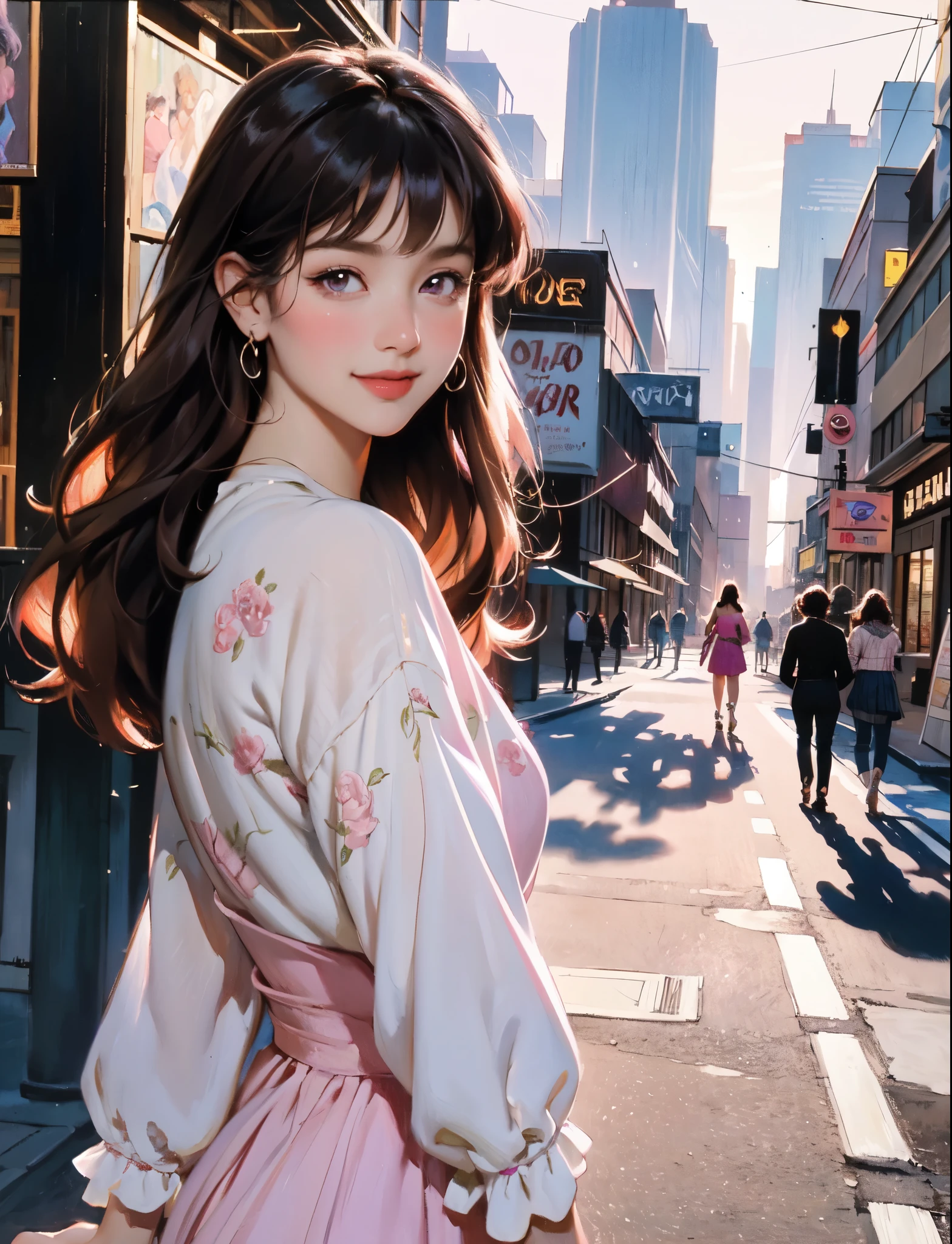 Oil painting, large brushstrokes, inspired by 1980’s movie poster, dream woman, (strolling through city), looking over shoulder, (pink purple) stylish, mature female, /(long dark hair/) bangs, blush, gentle smile, knowing look, (masterpiece best quality:1.2) delicate illustration ultra-detailed, (luxurious downtown street) outdoors, sunset, sunbeam glinting, crowded, detailed background, inspired by smeglejj
