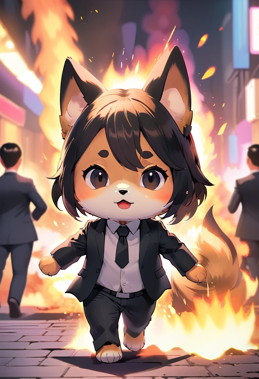 John Wick como perro shiba inu, detalle cinematográfico, parodia peluda, chibi anime, Dibujos animados de Keanu Reeves, traje negro, cartel de la película, escena explosiva al fondo, tirar, caminar como un jefe, Calidad HD8K