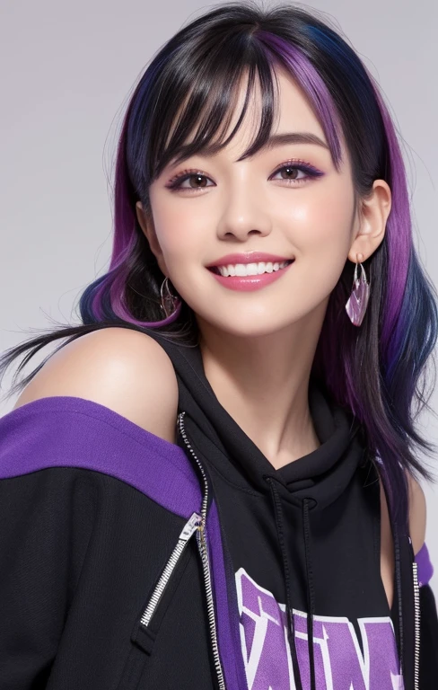 Unique and diverse images of a young realistic women, Creamy white skin contrasts with vibrant purple background, Capture your beautiful heart shape face and body in one photo, concave bangs, short choppy layers framing face, sidlocks, shoulder length wavy hair cascading down the shoulders, her hair is styled as twintails, multicolored hair (pink and lilac streaked hair),pink hair:lilac hair: 1.3 , pink and lilac, two – tone hair, jucy strawberry lips, rosy checks, smoky eyeshadow, winged eyeliner, ((streetwear)), hoodie dress, multiple hoodie, hairclip, bat wings hair ornament, numerous piercings ,chocker, nailpolish, (realistic woman) ,(ulzzang-6500:0.4) 
