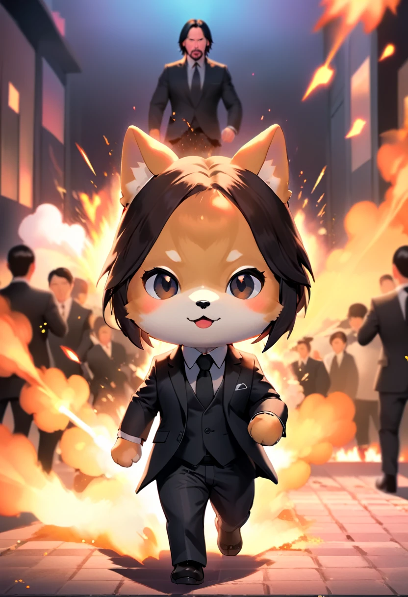 John Wick as a shiba inu dog, cinematic detail, furry parody, chibi anime, Keanu Reeves cartoon, black suit, movie poster, explosive scene in the background, POV, walk like a boss, HD8K quality