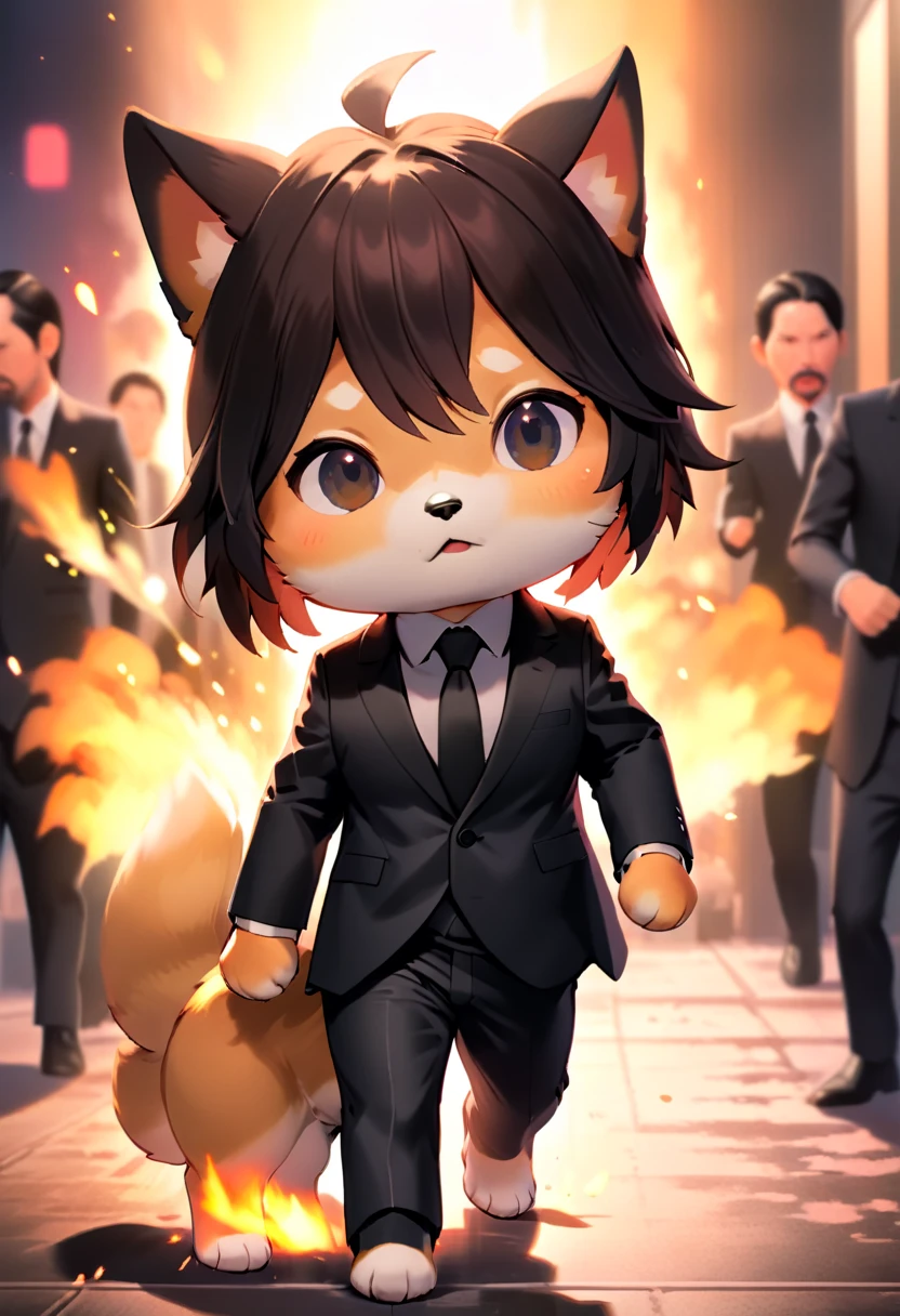 John Wick as a shiba inu dog, cinematic detail, furry parody, chibi anime, Keanu Reeves cartoon, black suit, movie poster, explosive scene in the background, POV, walk like a boss, HD8K quality