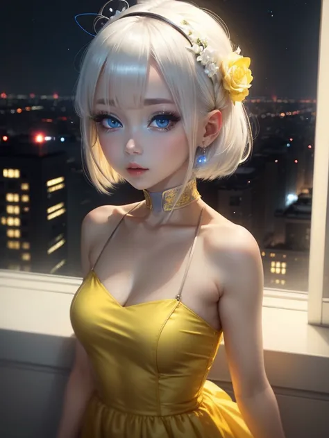 One Woman、Yellow dress、White Hair、((blue eyes))、Captivating eyes、Night view