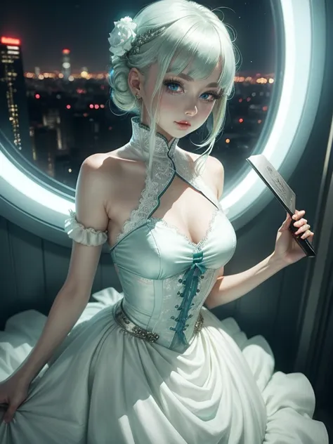 One Woman、Green dress、White Hair、((blue eyes))、Captivating eyes、Night view