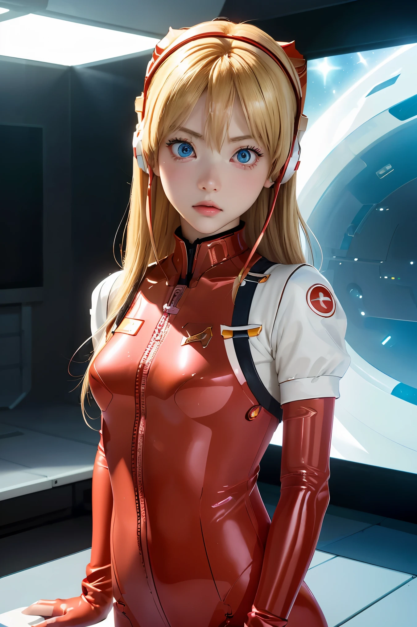 (Overhead view),dynamic angle,ultra-detailed, illustration, close-up, straight on, 1girl, 
 ((souryuu asuka langley, interface headset, red bodysuit:1.4, blonde)),Her eyes shone like dreamy stars,(glowing eyes:1.233),(beautiful and detailed eyes:1.1),(expressionless,closed mouth),(standing), 
(mechanic room with toolsand spaceship windowin a white SPACESHIP),
(night:1.2),dreamy, [[delicate fingers and hands:0.55]::0.85],(detail fingers),