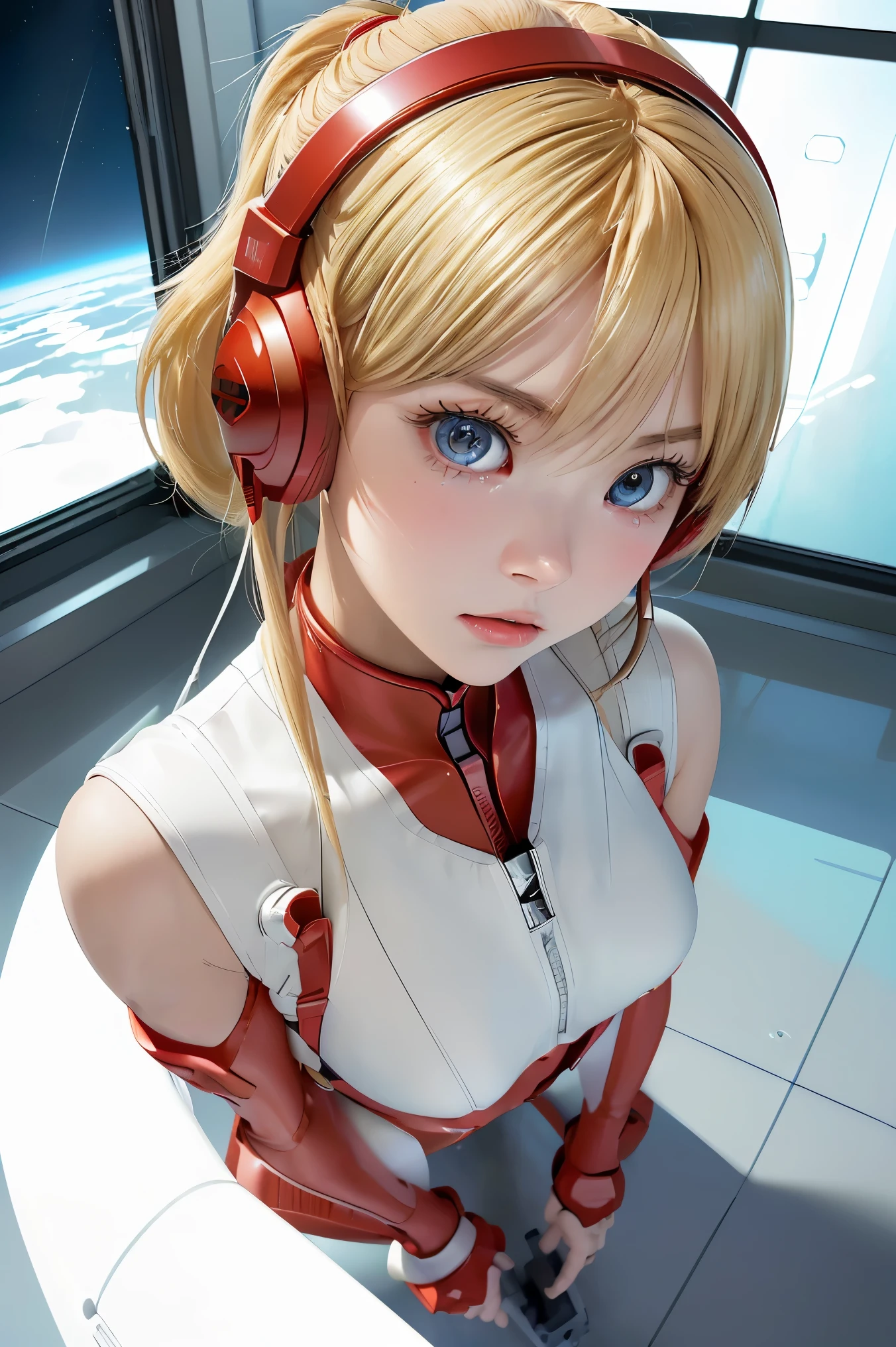 (Overhead view),dynamic angle,ultra-detailed, illustration, close-up, straight on, 1girl, 
 ((souryuu asuka langley, interface headset, red bodysuit:1.4, blonde)),Her eyes shone like dreamy stars,(glowing eyes:1.233),(beautiful and detailed eyes:1.1),(expressionless,closed mouth),(standing), 
(mechanic room with toolsand spaceship windowin a white SPACESHIP),
(night:1.2),dreamy, [[delicate fingers and hands:0.55]::0.85],(detail fingers),