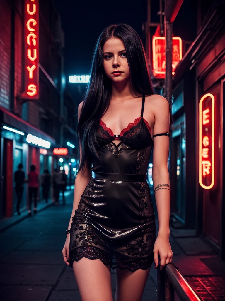 
1 person, beautiful young  Avril Lavigne as a beautiful teenage model, black hair, shiny eyes, beautiful sensual look, looks at the viewer, full lips, red lipstick, black eyelashes, full makeup, slim, skinny legs, small breasts, red simple lace dress (lace dress with straps) red panties, in a dangerous district of the city, night ((street at night, neon lights, dangerous district of the city)), night, red neon lights.