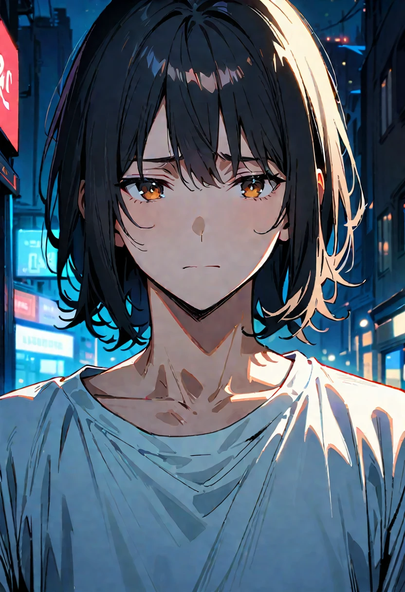 1boy, male, masterpiece, best quality, 8k, detailed skin texture, white t-shirt, beautiful detailed face, intricate details, ultra detailed, upper body,  black hair, medium hair, brown eyes, depressed, night time, street, straight-on