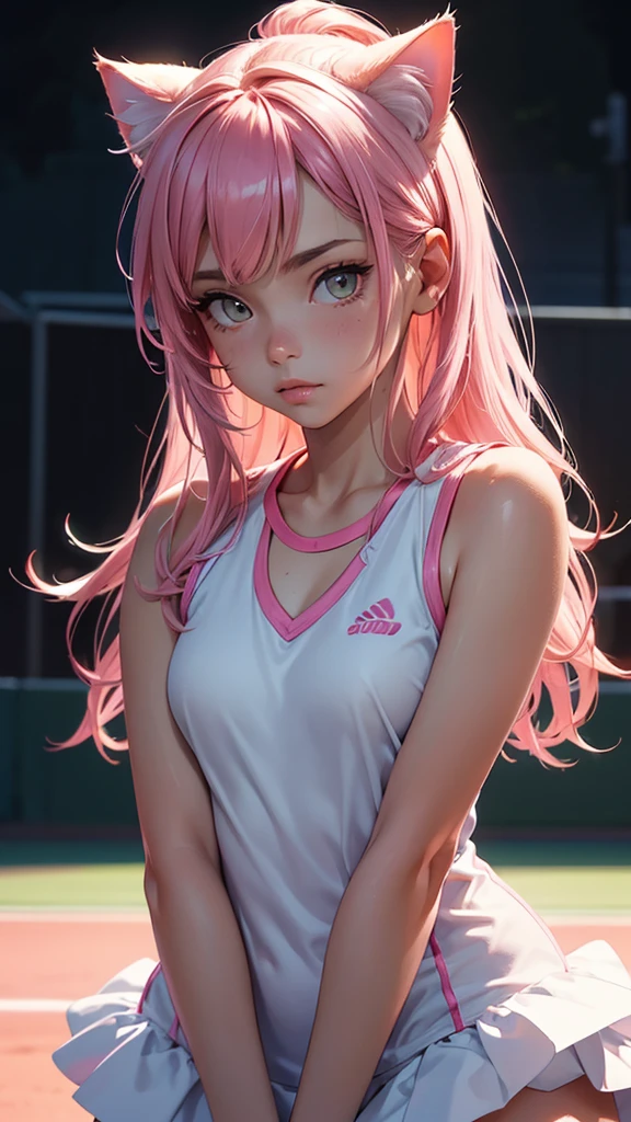 (high resolution, upper body, soft skin:1.2),(best illustration,masterpiece:1.2),ultra-detailed,[(cat ears ,pink inside:1.2),vivid colors,sharp focus,portrait,studio lighting,bokeh, wearing a tennis uniform, tennis courts background, dusk, full body portrait 