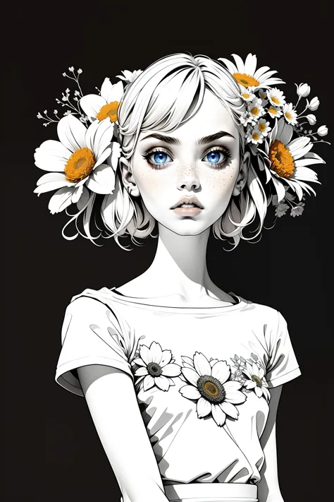 partially colored, lineart style, (masterpiece, best quality:1.2), (simple background:1.5), 1girl, (black and white flowers, sym...