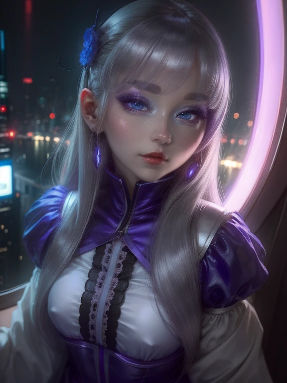 One Woman、Purple clothes、Gray Hair、((blue eyes))、Captivating eyes、Night view