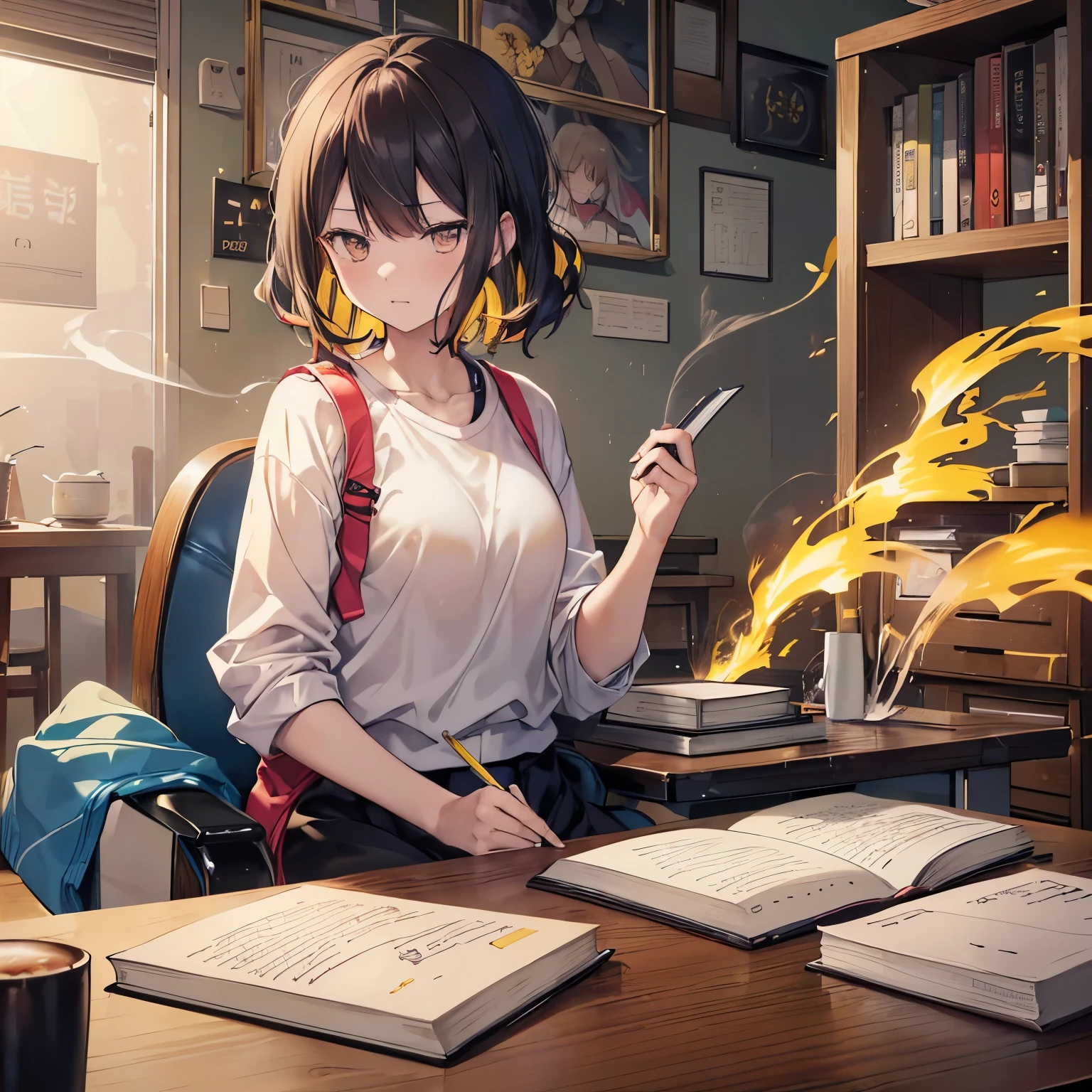 ((kugisaki nobara)),((velocity)),Yellow smoke,Attacked by farts, (((Women sitting in a chair and writing with a book on the table)),velocity,(Yellow smoke is rising),i&#39;i&#39;i&#39;i&#39;i&#39;i&#39;classroom)),((One Woman)),((A girl smells a fart and smiled faintly)),((fart while writing)),((blushing)),best quality,detailed,masterpiece:1.2、top-quality)、(the Extremely Detailed CG Unity 8K Wallpapers、ultra-detailliert、Best Shadows)、(Detailed background)、(The best lighting、extremely delicate and beautiful)、depth of fields、1girl in、solo、looking arround her,Women wear jujutsu ,Ephemeral,,(brownhair),(jujutsu outfit)),((((Girl is embarassed when she smells the bad smell of farts)))),outfit like a jujutsu witch,((((profile facing diagonally)))),((i&#39;I closed my mouth with hand feel embarassed...)),(()),((embarassing look)),((massive fart)),((fart text))