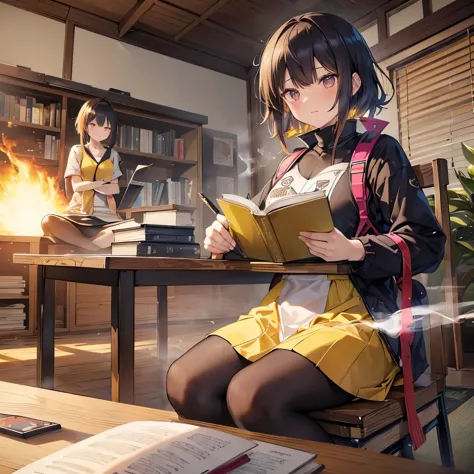 ((kugisaki nobara)),((velocity)),Yellow smoke,Attacked by farts, (((Women sitting in a chair and writing with a book on the tabl...