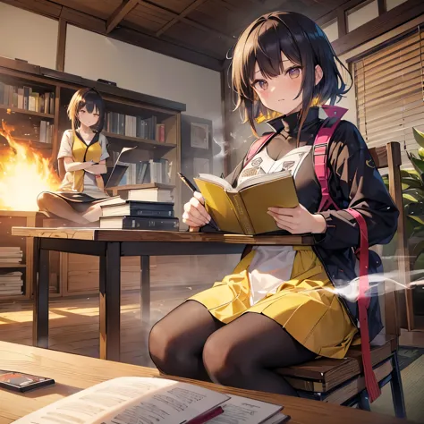 ((kugisaki nobara)),((velocity)),yellow smoke,attacked by farts, (((women sitting in a chair and writing with a book on the tabl...