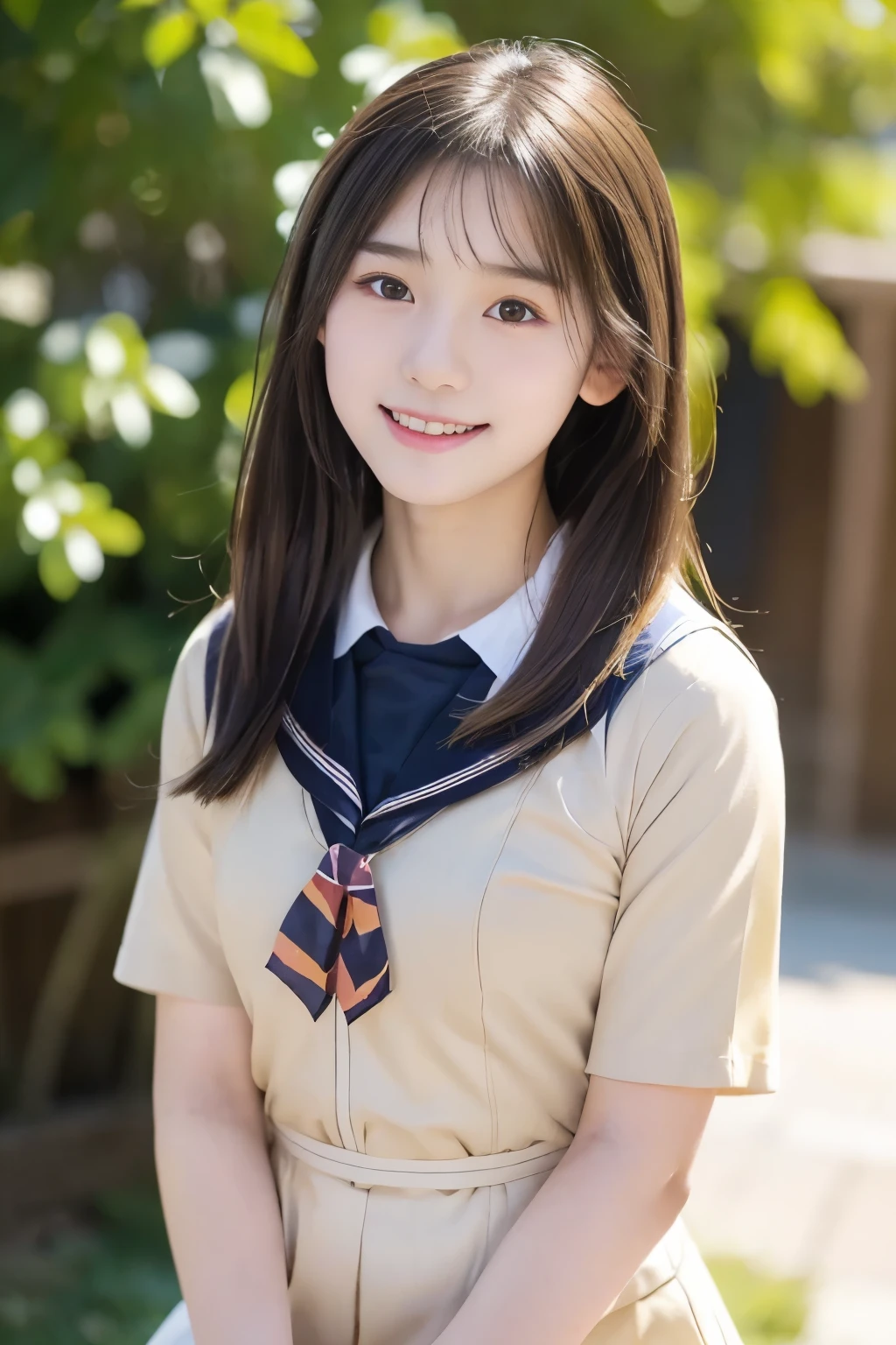 (((masterpiece))), (Beautiful Japanese Girl, Classmate, Innocence，cute) ，超A high resolution, Realistic, Ultra-detailed, 8k,highest quality, Very detailed,Slender figure,とてもBeautiful Japanese Girl, (Detailed face:1.3), (Beautiful Long Hair，Black-haired :1.4), (Baby Face，cute系,Adorable), (Perfect body:1.1),85mm,Official AR RAW Photos, Show me your ears，photo shoot, Looking at the audience, smile、No makeup, Rosy Cheeks，Film Grain, chromatic aberration, Sharp focus, Face Light, Bright lighting, ((((((14-year-old junior high school student))))))、Slender figure，(A proper sailor uniform、Navy Blue Skirt)、(((White panties，Beautiful thighs)))，show me your beautiful teeth,非常にDetailed face、Detailed lips、Detailed eyes、Junior Gravure Idol，Clear Skin，Japanese high  with school emblem on the chest，Crouching