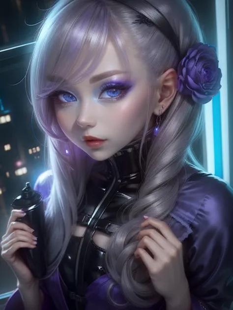 One Woman、Purple clothes、Gray Hair、((blue eyes))、Captivating eyes、Night view