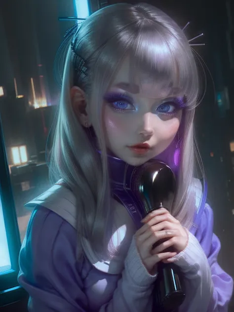 One Woman、Purple clothes、Gray Hair、((blue eyes))、Captivating eyes、Night view、Automatic、