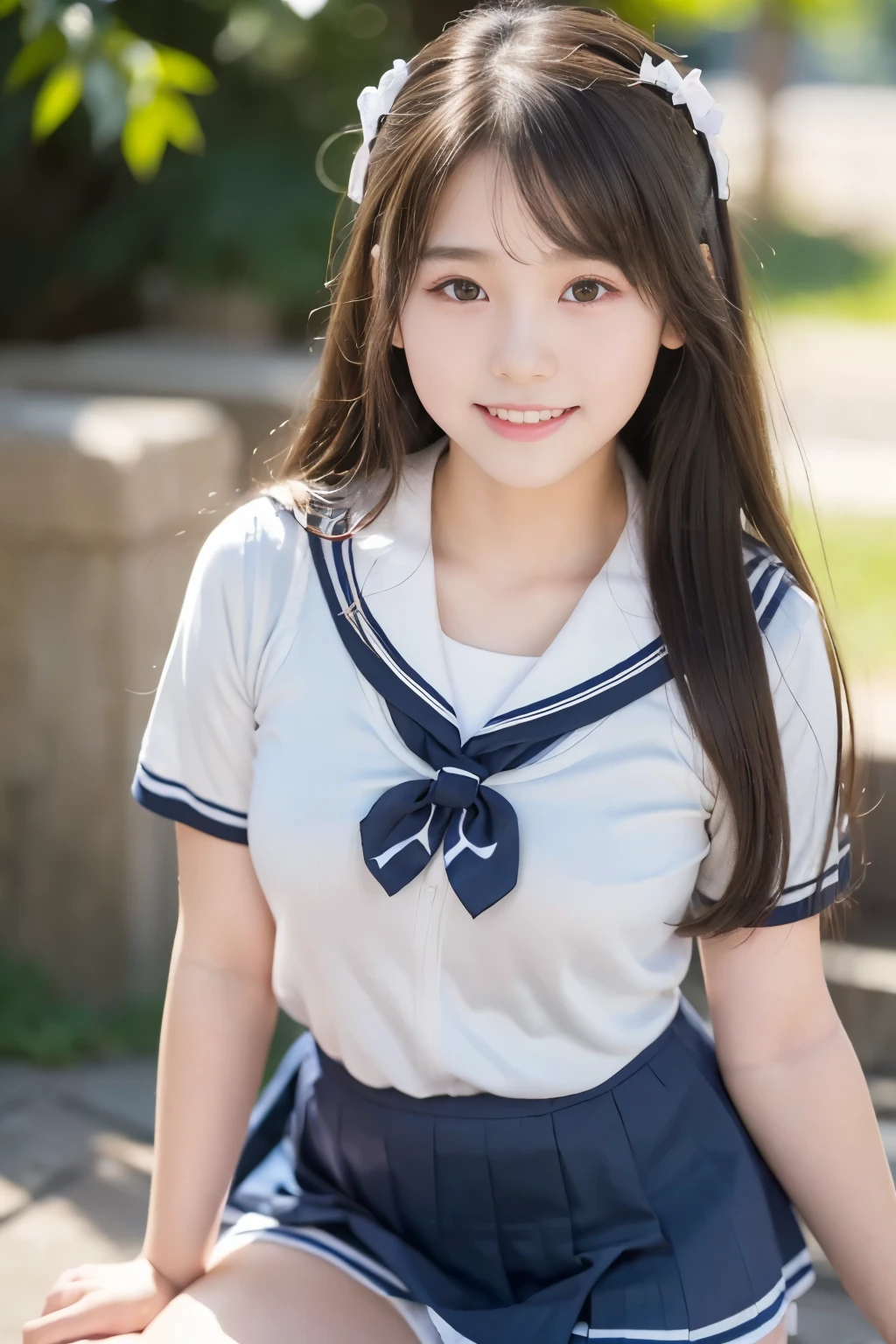 (((masterpiece))), (Beautiful Japanese Girl, Classmate, Innocence，cute) ，超A high resolution, Realistic, Ultra-detailed, 8k,highest quality, Very detailed,Slender figure,とてもBeautiful Japanese Girl, (Detailed face:1.3), (Beautiful Long Hair，Black-haired :1.4), (Baby Face，cute系,Adorable), (Perfect body:1.1),85mm,Official AR RAW Photos, Show me your ears，photo shoot, Looking at the audience, smile、No makeup, Rosy Cheeks，Film Grain, chromatic aberration, Sharp focus, Face Light, Bright lighting, ((((((14-year-old junior high school student))))))、Slender figure，(A proper sailor uniform、Navy Blue Skirt)、(((White panties，Beautiful thighs)))，show me your beautiful teeth,非常にDetailed face、Detailed lips、Detailed eyes、Junior Gravure Idol，Clear Skin，Japanese high  with school emblem on the chest，Crouching