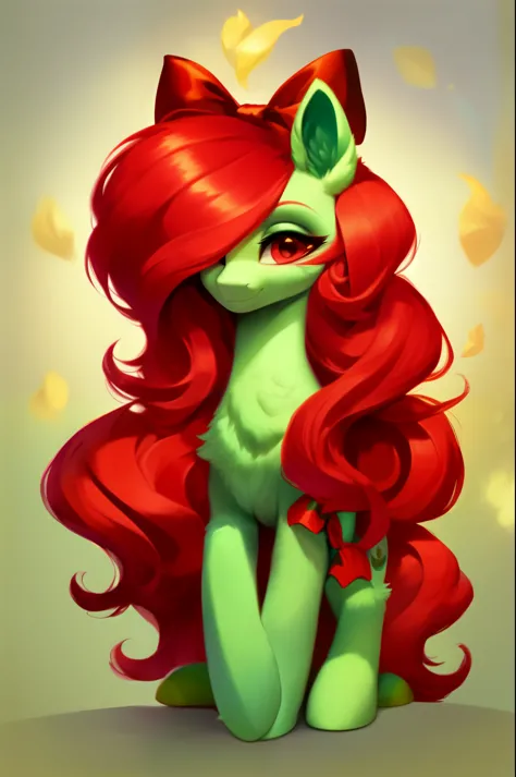 rating_safe, score_9, fluffy, feral pony, female, olive green body, long curly crimson red hair, red hair bow, hair over eye, shy, full body