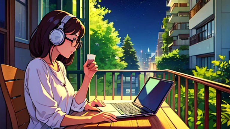 mañana、Chica con gafas estudiando al aire libre en el balcón escuchando música con auriculares .El paisaje es muy hermoso. . hay plantas al fondo. Lo-fi She、Hermosa vista nocturna con libros y plantas al fondo.、Está escribiendo en su computadora portátil con una taza de cacao en su escritorio.。