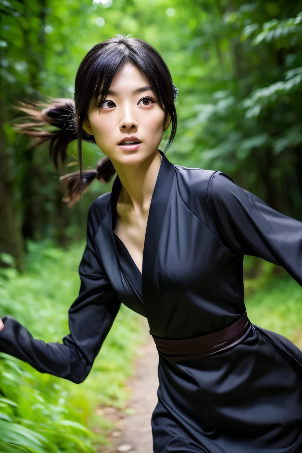 skinny Japanese woman in black Ninja kimono costume running to escape in the dark forest, beautiful face, ((detailed face, detailed eyes)), hyperrealistic photo, award-winning, masterpiece, trending on artstation