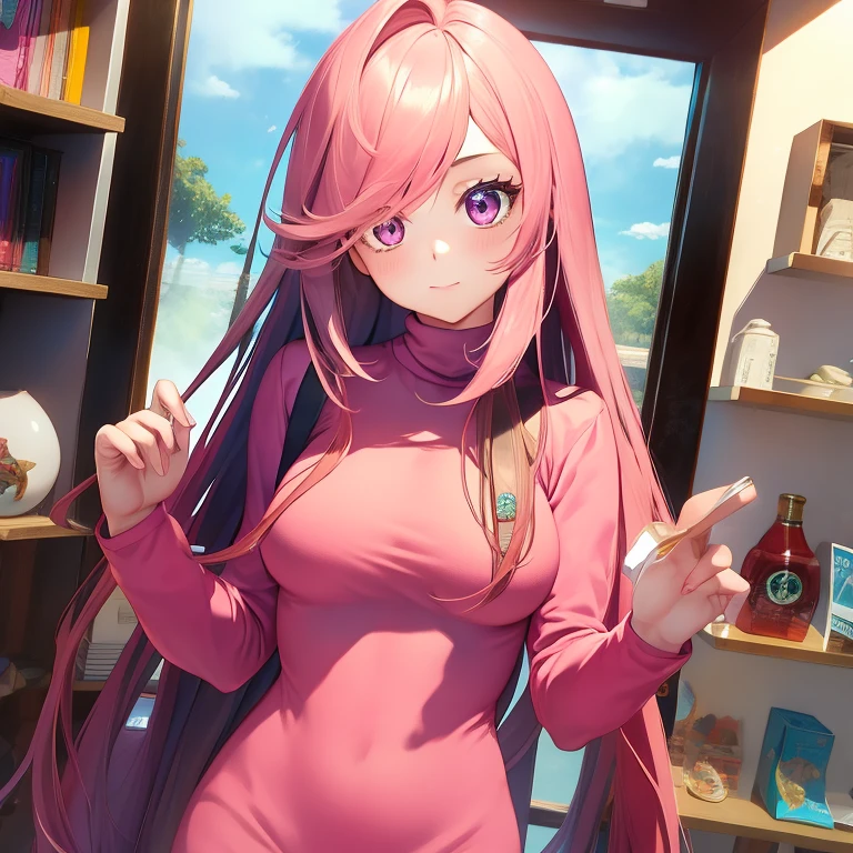 masterpiece, best quality, high resolution, UHD, 8k, ((cowboy shot)), BREAK, 1 girl, ((girl style anime)), Glossy skin, rounded eyes, beautiful eyelashes, realistic eyes, beautiful woman, with purple eyes, long hair, pink hair, with red balayage highlights, dressed in a pink turtleneck sweater, pink fur coat,  wearing a pink dress, with bracelets on their wrists, perfect body, medium breasts, BREAK, BREAK, in a clothe store very nice, with a small dog in her hands.