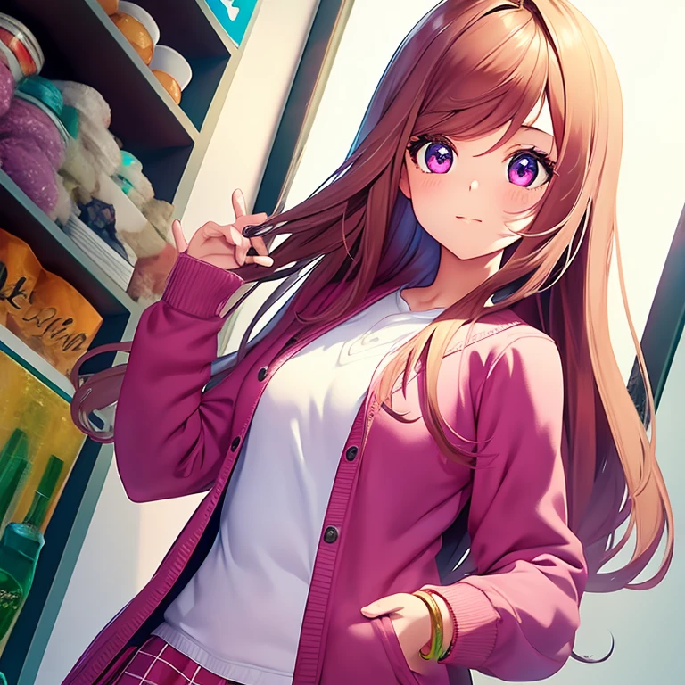 masterpiece, best quality, high resolution, UHD, 8k, ((cowboy shot)), BREAK, 1 girl, ((girl style anime)), Glossy skin, rounded eyes, beautiful eyelashes, realistic eyes, beautiful woman, with purple eyes, long hair, pink hair, with red balayage highlights, dressed in a pink cardigan jacket,  wearing a pink skirt with bracelets on their wrists, perfect body, medium breasts, BREAK, BREAK, in a clothe store very nice, with a small dog in her hands.