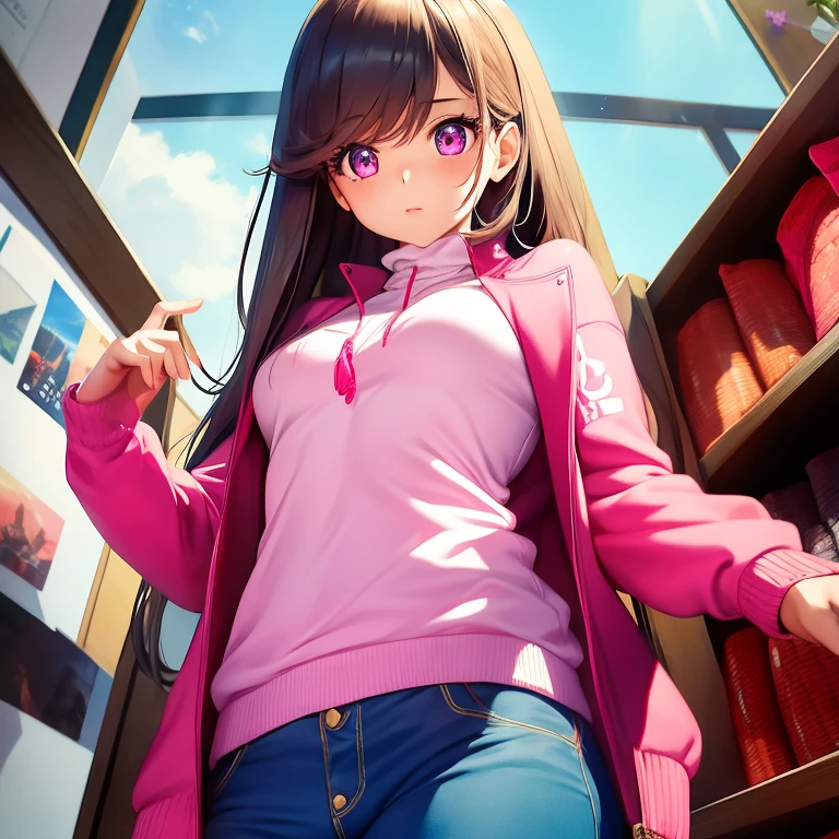 masterpiece, best quality, high resolution, UHD, 8k, ((cowboy shot)), BREAK, 1 girl, ((girl style anime)), Glossy skin, rounded eyes, beautiful eyelashes, realistic eyes, beautiful woman, with purple eyes, long hair, pink hair, with red balayage highlights, dressed in a pink cardigan jacket, with a pink turtleneck t-shirt, wearing a pink skirt with bracelets on their wrists, perfect body, medium breasts, BREAK, BREAK, in a clothe store very nice, with a small dog in her hands.