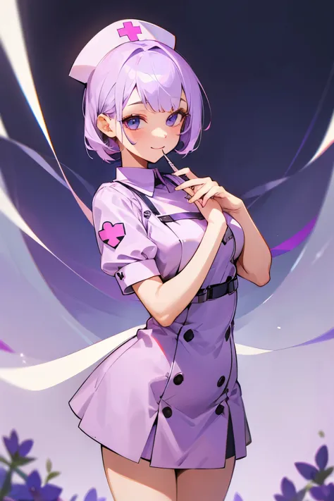 Cute girl alone, sweet smile, nurse outfit, short dress, short nurse outfit, cute, darling, lavender hair