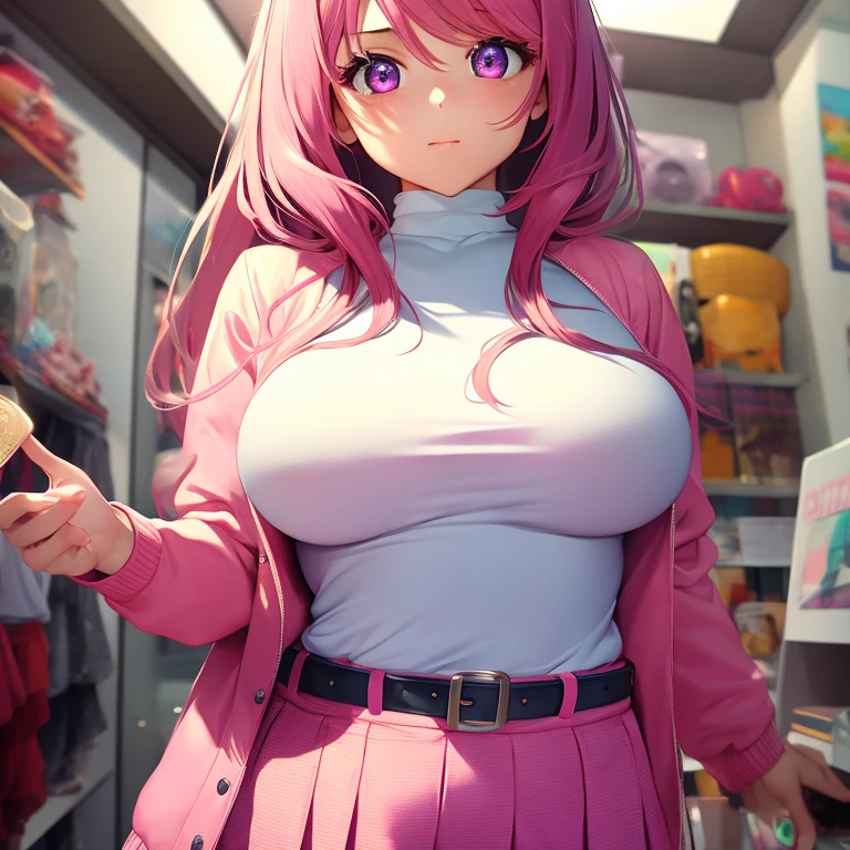 masterpiece, best quality, high resolution, UHD, 8k, ((cowboy shot)), BREAK, 1 girl, ((girl style anime)), Glossy skin, rounded eyes, beautiful eyelashes, realistic eyes, beautiful woman, with purple eyes, long hair, ((pink hair)), with red balayage highlights, dressed in a pink cardigan jacket, with a pink turtleneck t-shirt, wearing a pink skirt with bracelets on their wrists, perfect body, big breasts, BREAK, BREAK, in a clothe store very nice.