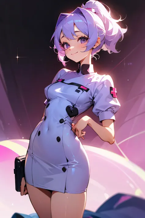 Cute girl alone, sweet smile, nurse outfit, short dress, short nurse outfit, cute, darling, lavender hair, wavy hair, tight dres...