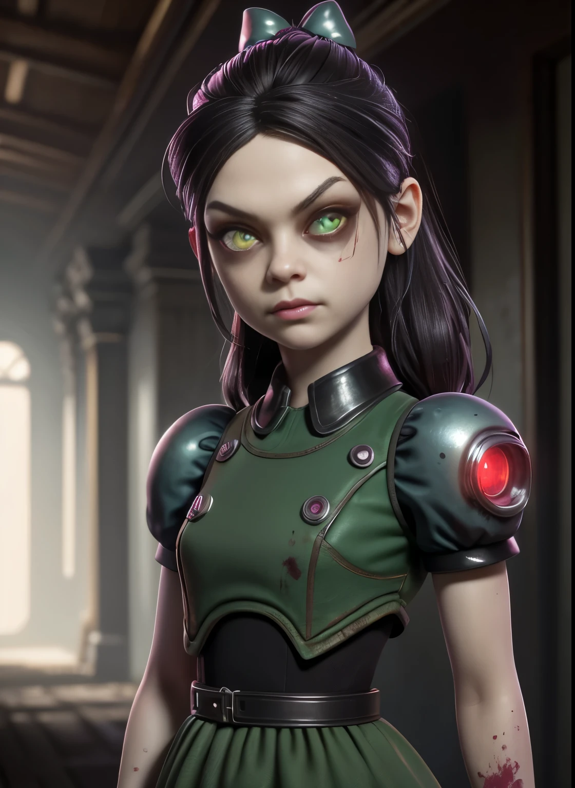 masterpiece, highres, an image of a beautiful cyberpunk  Mila Kunis fairy goth robot, green eyes, red wine hair best quality, 8k, best quality, ultra-detailed,1girl, , 6 years old, solo, 1girl, lilsis, dirty, blood, blood muddy dress, black hair, dress, horror \(theme\), solo, glowing eyes, creepycute, (house:1.4)