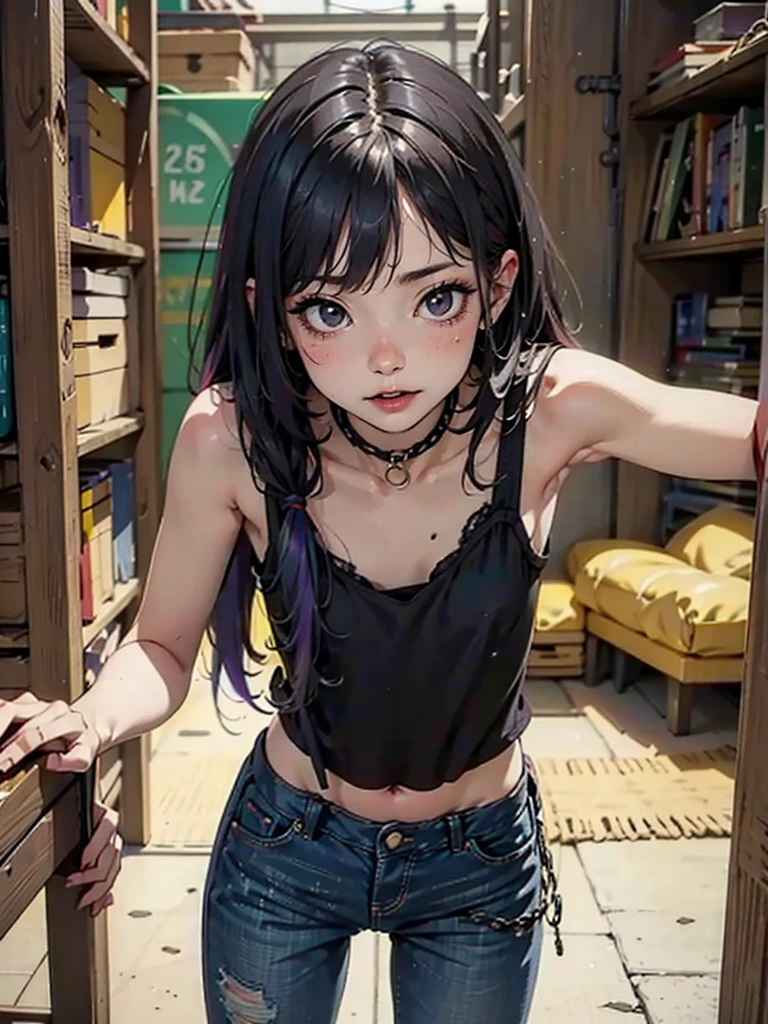 Black and white painting of the highest quality, High resolution,(A frame made of chains and ruins),pretty girl、Small eyes、（Flat Chest）, ((Odd colored hair,green,purple,yellow)), beautiful、、Tattered denim pants、Tattered black tank top、Circus、Collar with a large chain、Clown、Bold Pose
