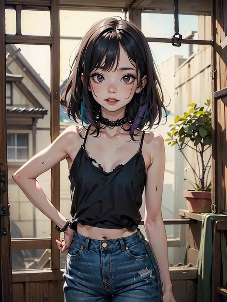 Black and white painting of the highest quality, High resolution,(A frame made of chains and ruins),pretty girl、Small eyes、（Flat Chest）, ((Odd colored hair,green,purple,yellow)), beautiful、、Tattered denim pants、Tattered black tank top、Circus、Collar with a large chain、Clown、Bold Pose
