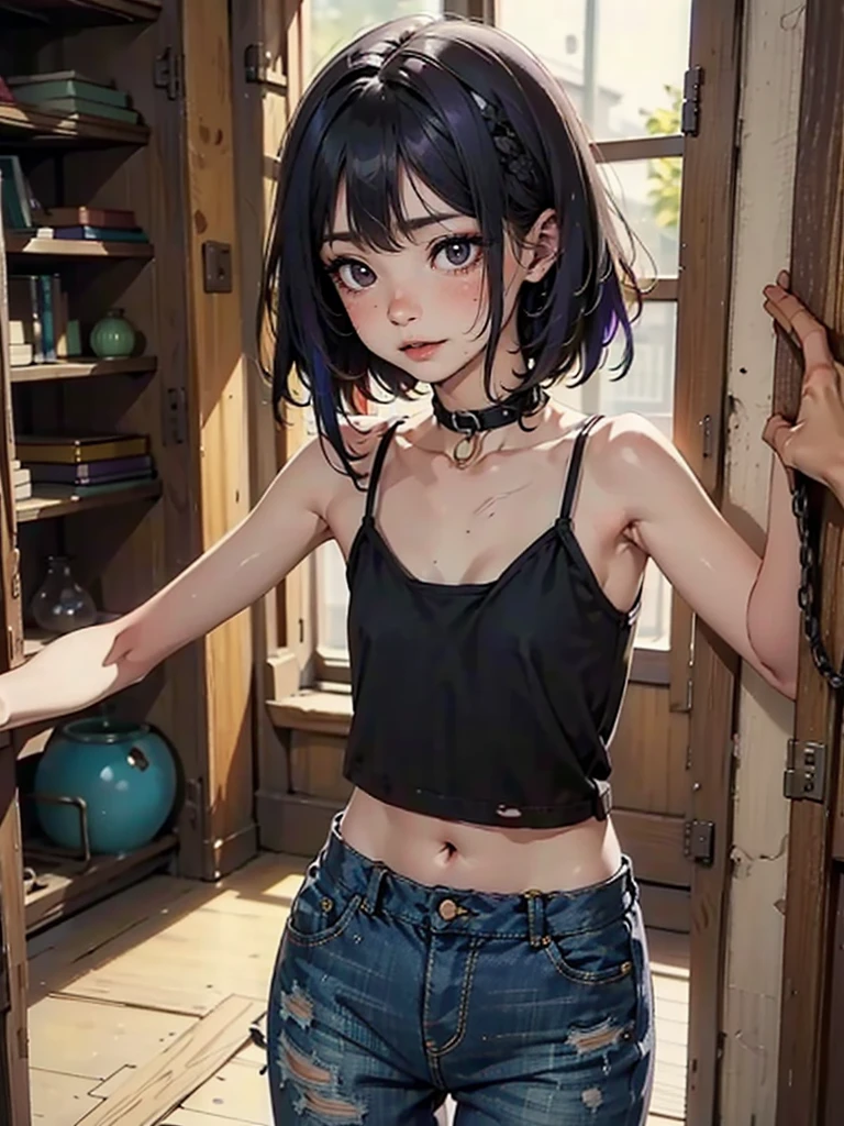 Black and white painting of the highest quality, High resolution,(A frame made of chains and ruins),pretty girl、Small eyes、（Flat Chest）, ((Odd colored hair,green,purple,yellow)), beautiful、、Tattered denim pants、Tattered black tank top、Circus、Collar with a large chain、Clown、Bold Pose
