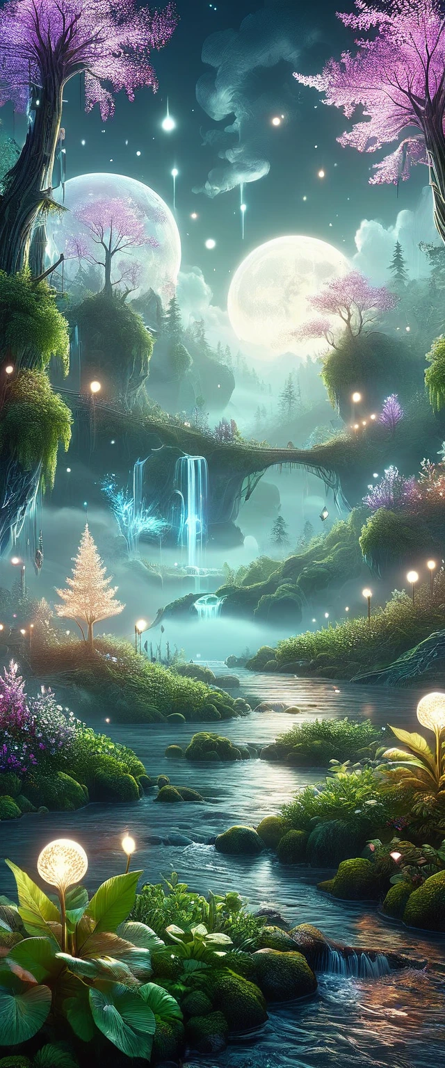 ((duendes: 1.5)), (Obra maestra), (mejor calidad: 1.0), (ultra high resolution: 1.0), detailed illustration, paisaje detallado, bosque , helechos, plantas, vibrante coloers, 8k, noche, nubes lunares, ((magical, hermoso: 1.4 )), ((mejor calidad, vibrante, 32k de luz y sombras bien definidas)).