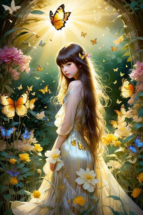 chiaroscuro technique on sensual illustration of an baby girl (((long hair with bangs:1.4、beautiful bangs) , vintage ,silky dres...