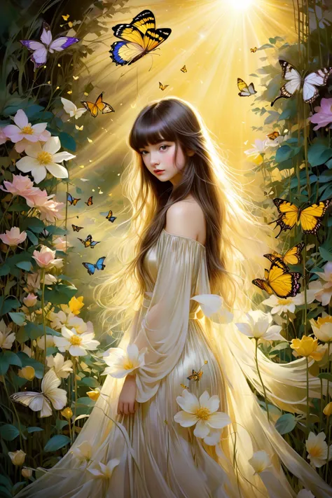 chiaroscuro technique on sensual illustration of an baby girl (((long hair with bangs:1.4、Beautiful bangs) , vintage ,silky dres...