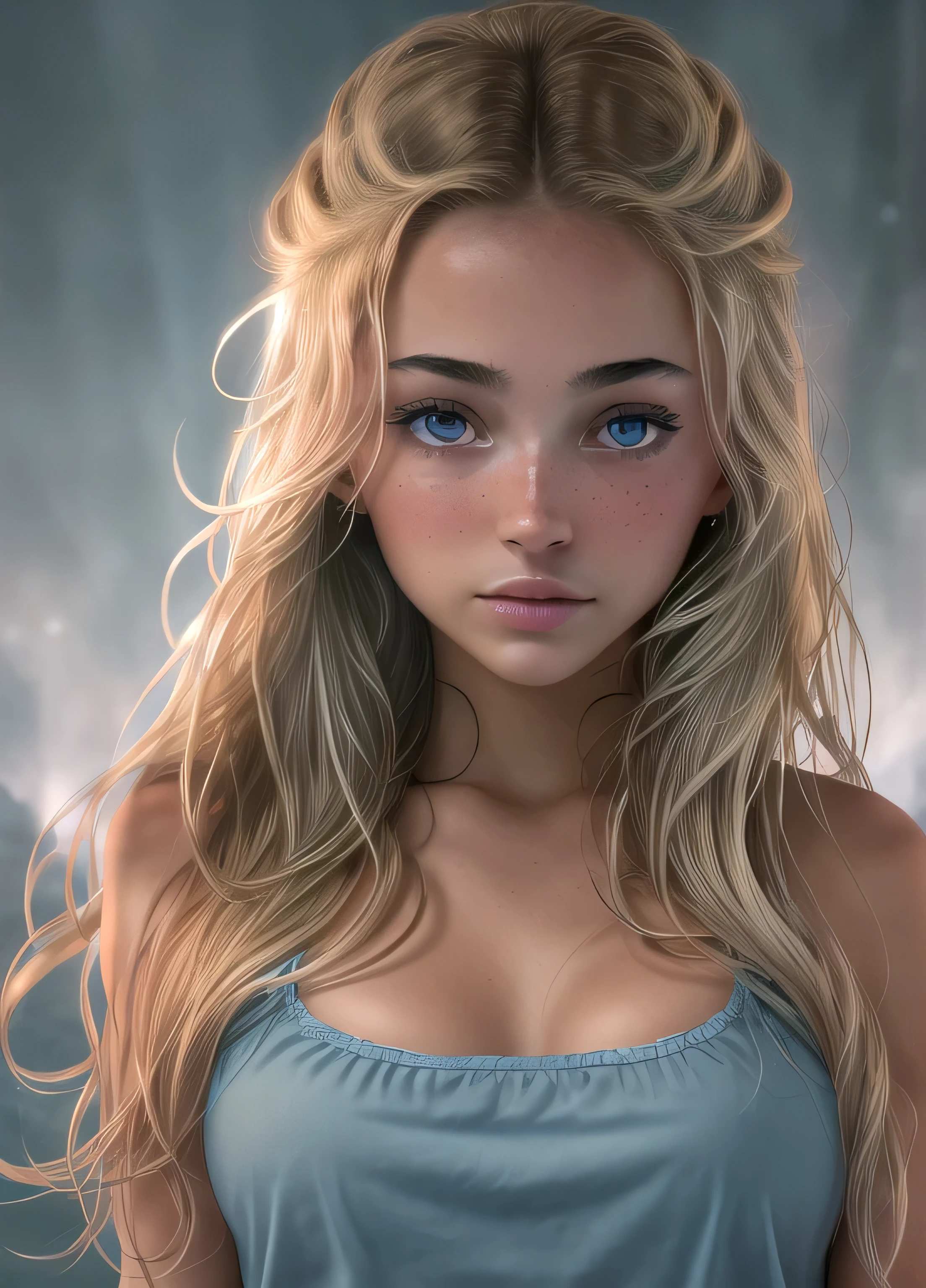 A close up of a woman with long blonde hair and blue eyes - SeaArt AI