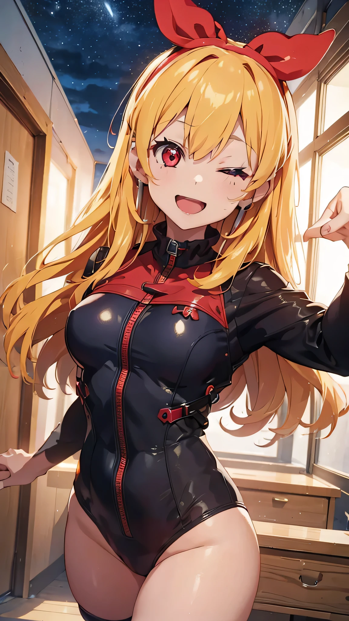 (Overhead view),dynamic angle,ultra-detailed, illustration, close-up, straight on, 1girl, 
 ((souryuu asuka langley, interface headset, red bodysuit:1.4, blonde)),Her eyes shone like dreamy stars,(glowing eyes:1.233),(beautiful and detailed eyes:1.1),(expressionless),(standing), Spell of the Last（prompt）
(masterpiece, best quality, ultra high res, perfect anatomy, extremely detailed),
BREAK,
1girl,
14 years old,
red eyes,
twintails,
Blonde hair,
very large ribbon in hair,
idol costume,
BREAK,
(finger pointing),
(full face),
one eye closed,
(open mouth),
glow eyes,
smile,
stage light,
(mechanic room with toolsand spaceship windowin a white SPACESHIP),wariza,
(night:1.2),dreamy, [[delicate fingers and hands:0.55]::0.85],(detail fingers),